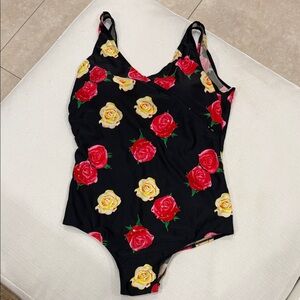 Vintage Floral Black Swimsuit with Red and Yellow Sequin Roses XL